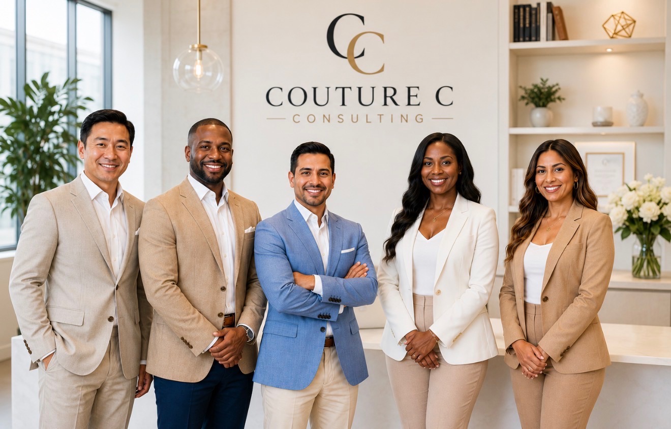 Couture Consulting professional team standing in a bright luxury office